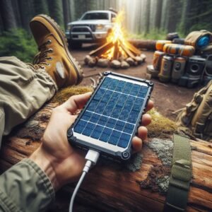Portable solar chargers being used camping by outdoor tech lab