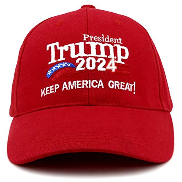 Trump 2024 red hat on display.