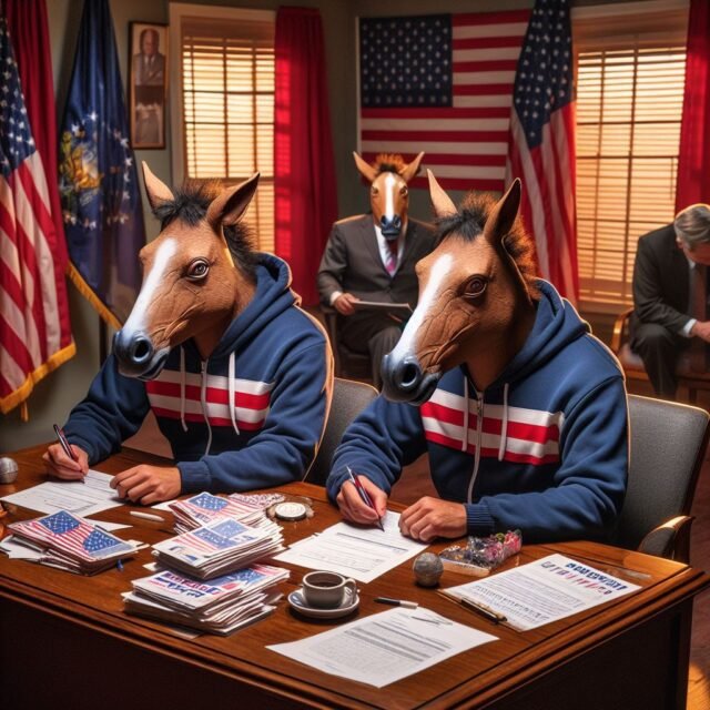 Horses dressed like democrats in 2000 mules promo for where to watch or buy the movie