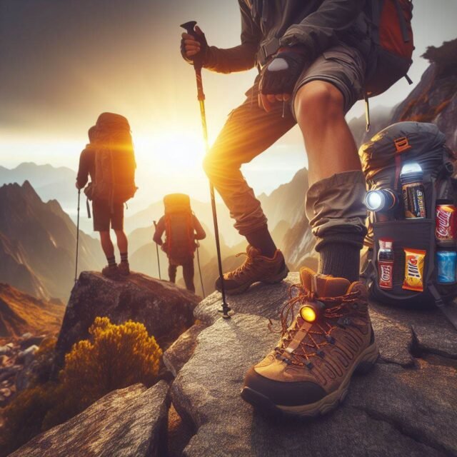 hiking gear guide items for 2024 being used on a mountain hike in early morning