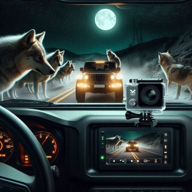 wolf image with amazon dash cams tested at night by outdoor tech lab in a Jeep.