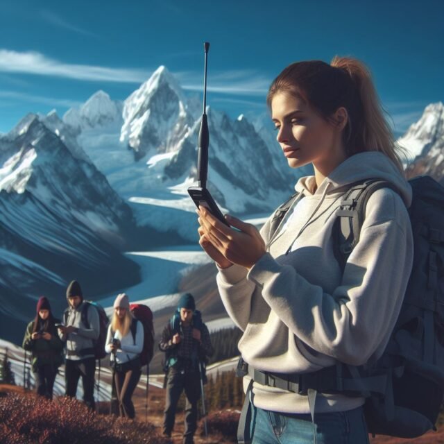 woman using sat phone in remote location test with outdoor tech lab