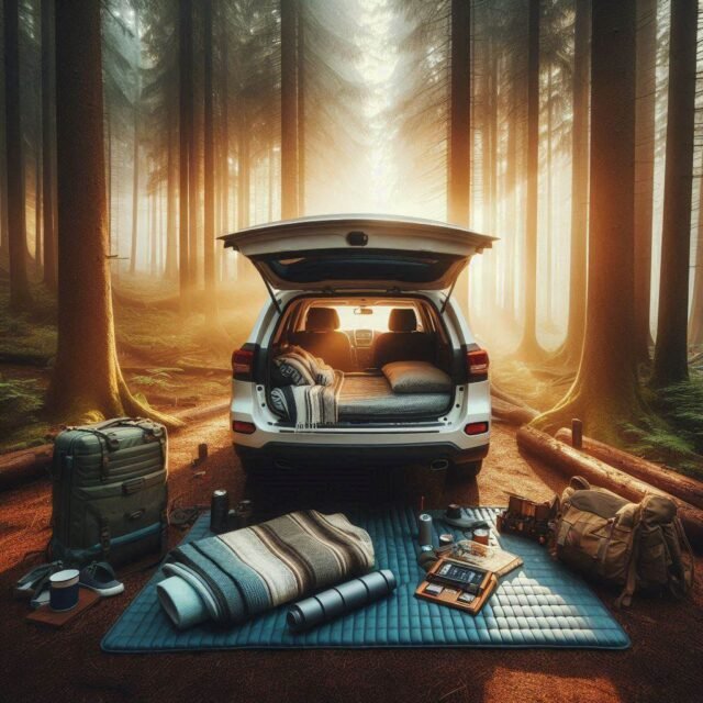 small SUV setup for car camping in the forest