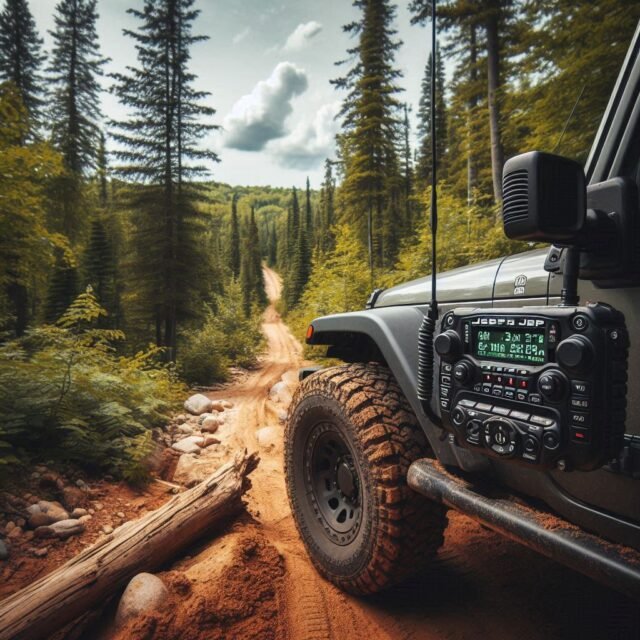Image of off road radio being displayed outside the Jeep