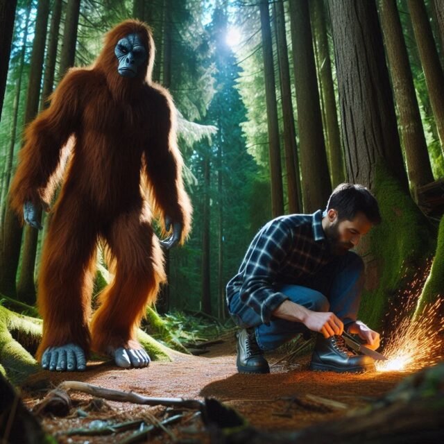 Bigfoot or sasquatch sneaking up on a man in the forest.