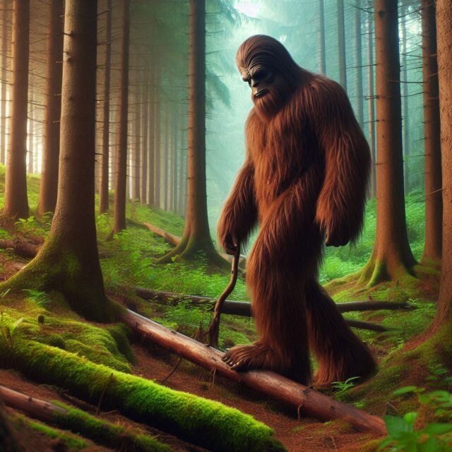 Bigfoot walking in the forest looking strong 