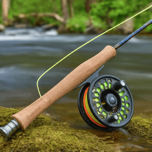 flyfishing combo near a stream with the fly fishing rod and reel displayed.