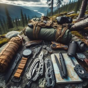 Survival gear for hiking laid out in the woods