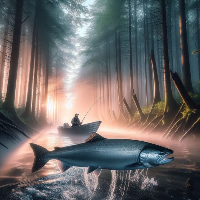 Fishing for king salmon in a boat floating down a river in West Michigan. Silver chinook in the picture.