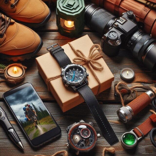 Display of top outdoor gifts with a gps watch in the middle.