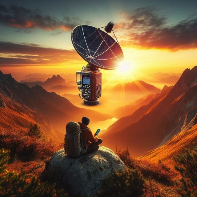 Sat phones and messengers for hiking being used with giant floating satellite dish