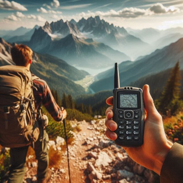 Satellite messenger being used hiking a rugged trail.