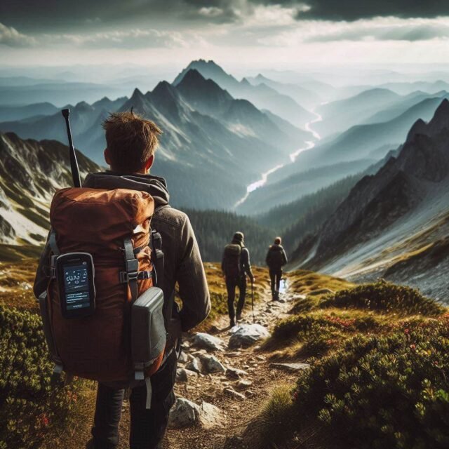 Hiking and backpacking satellite phone clipped to backpack.