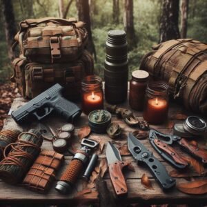 Emergency prep gear by survival frog in the forest.