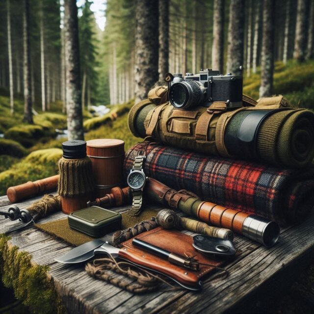 Hiking survival gear list and display in the forest with Outdoor Tech Lab.