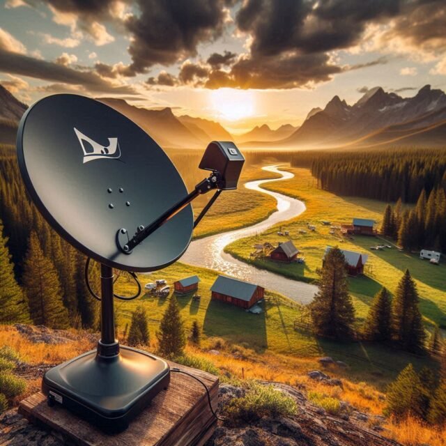 Mini satellite dish overlooking a beautiful valley with the sun setting.