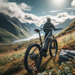 Amazing view of a fjord with a new ebike behind the biker.