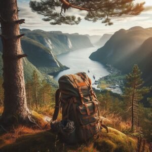 Amazing backpack image overlooking a mountain valley