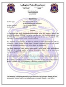 Ludington police press release on fishing in Pere Marquette lake and being safe when the Badger is coming in or out.