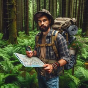 Man holding a compass as part of his outdoor survival kit