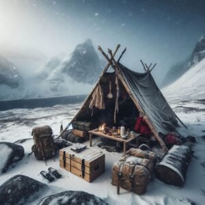 A shelter set up to survive a cold winter night.