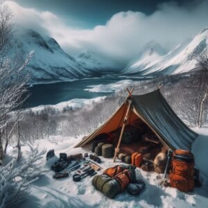 A winter survival shelter set up near a river.