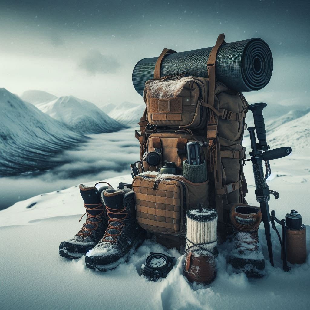 A winter survival kit out in the snow on a mountainside.