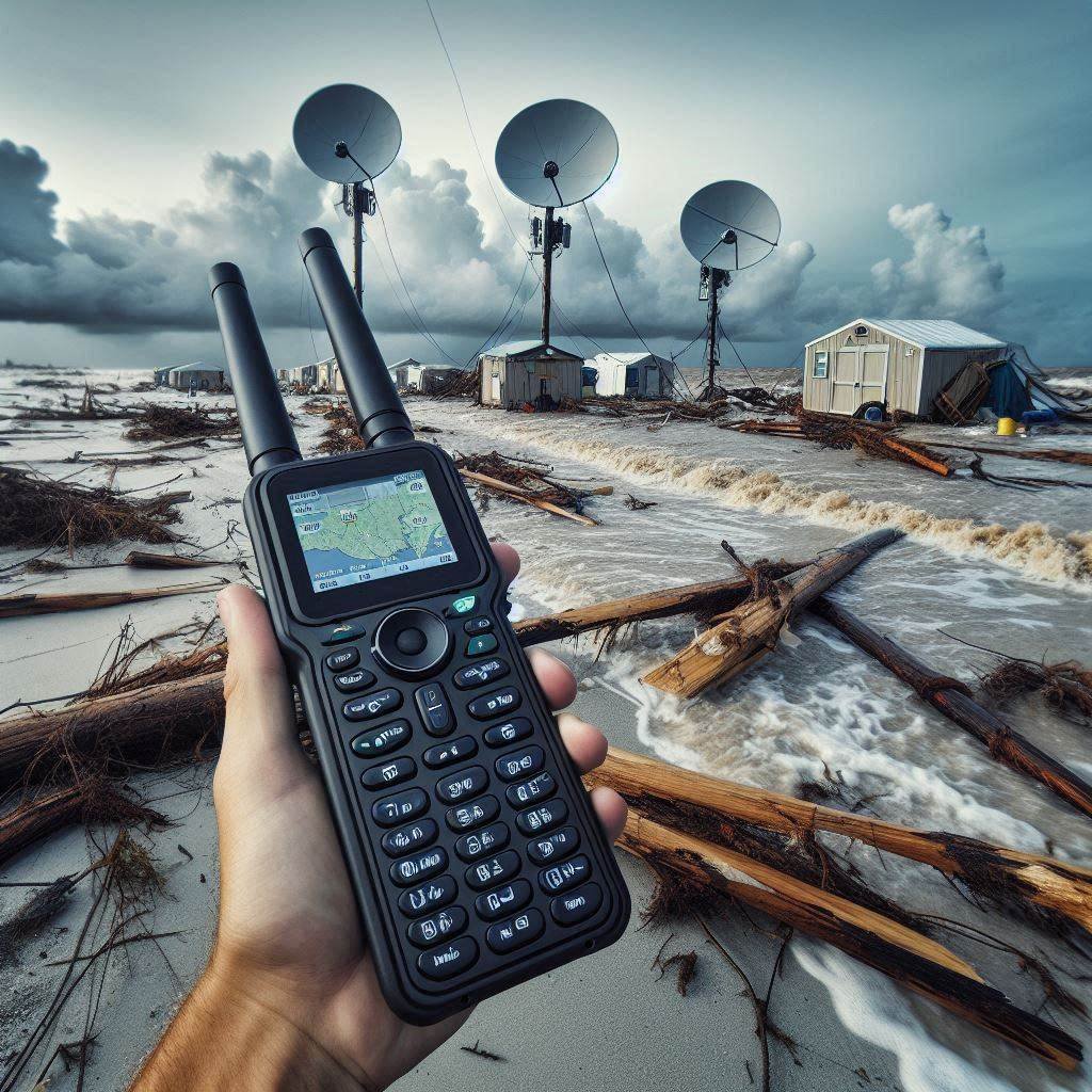 Satellite phone being used for emergency communication post hurricane.