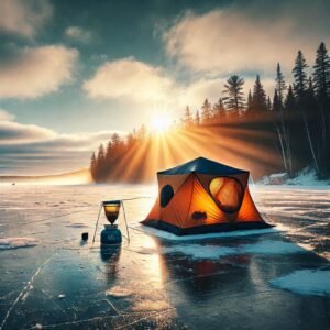 Image of a frozen lake with ice fishing tent set up