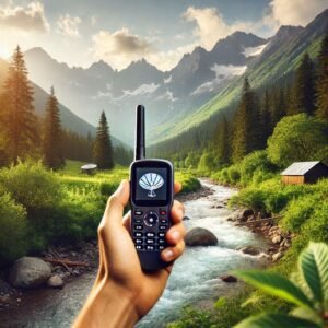 A satellite phone being used in the wilderness for an outdoor tech lab test