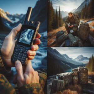 wilderness and offgrid image of an explorer using a modern satellite phone