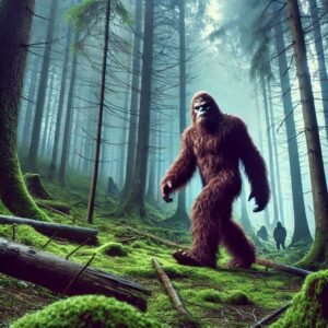 a sasquatch with other bigfoot creatures in the woods behind