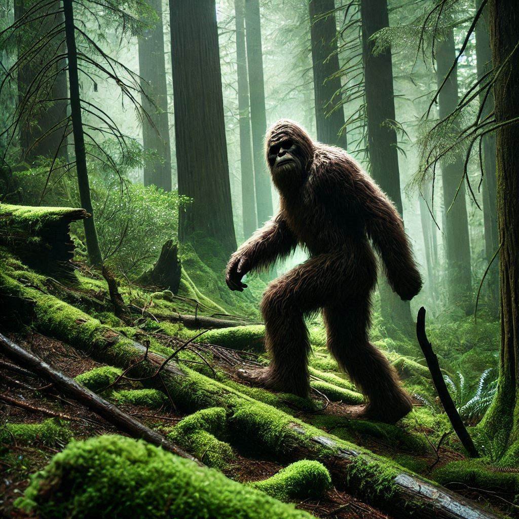 a bigfoot or sasquatch creature walking on moss in the forest while being trailed by outdoor tech lab