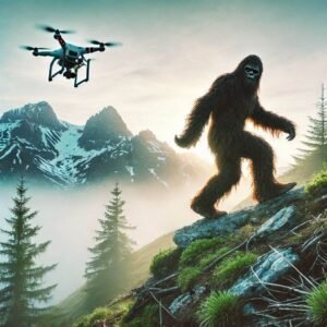 a bigfoot being tracked by a flying drone on a mountain