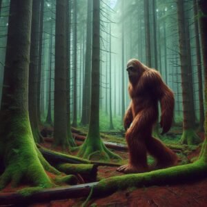 a auburn bigfoot walking in the woods with fog in the background