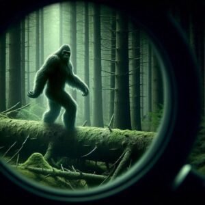 sasquatch in a night vision scope while walking in the deep woods