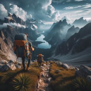 amazing view of hikers wearing a large day hiking backpack