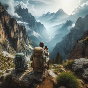 High mountain view backpack image with hiker taking a photo for outdoor tech lab review