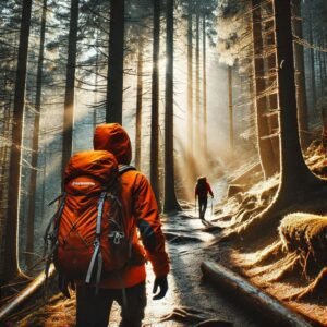 Forest trail view of two hikers wearing hiking jackets