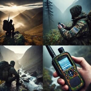 Satelllite phone and messenger in camo theme used on a mission in the mountains