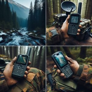 Different outdoor shots of a satellite phone being used for calling from the backcountry