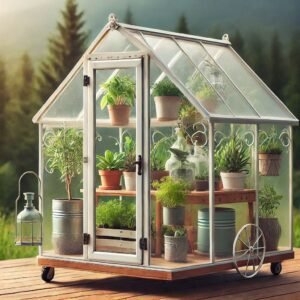 Portable small greenhouse on display with potted plants inside