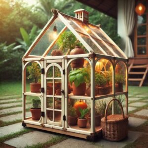 Summertime background of a small greenhouse with fresh green garden plants thriving inside