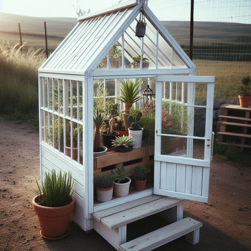 Outdoor setting with a small greenhouse with plants growing inside it