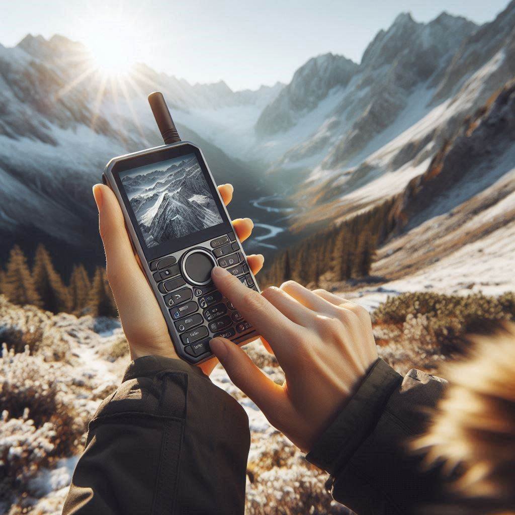 Amazing winter mountain view with a woman using a satellite messenger