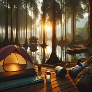 amazing image of a campsite in the woods with some essential camping gear being used