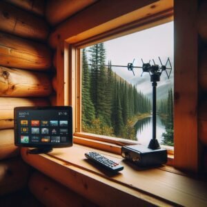 a modern hd antenna sitting on a cabin window sill