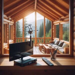 futuristic hd tv antenna with an amazing view outdoors of the forest