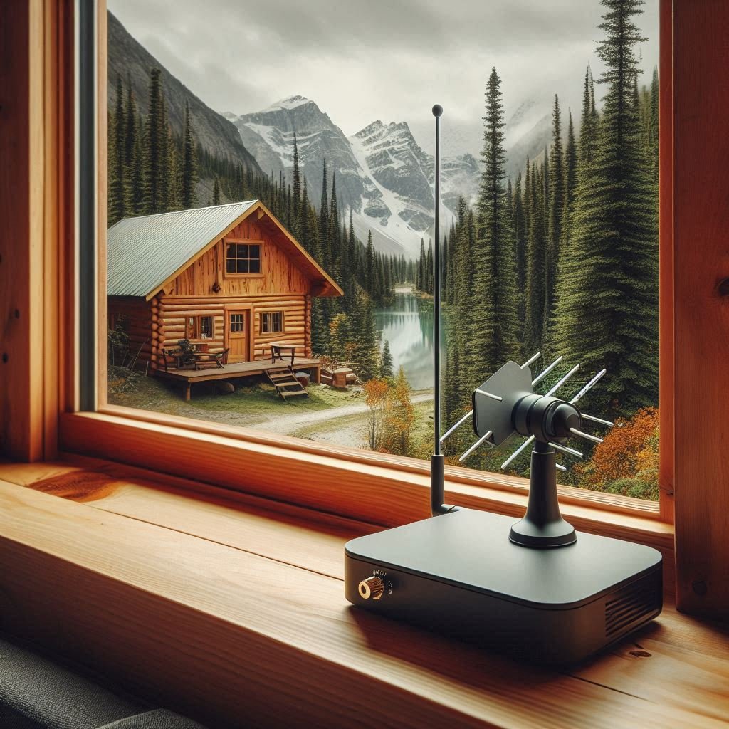 an amazing view looking out of a cabin past an indoor hd antenna