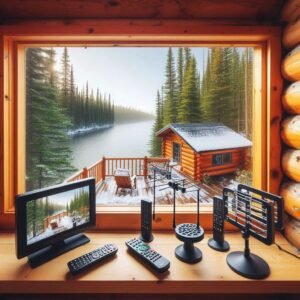 top 5 hd antenna display in a cabin with winter view outside